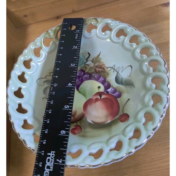 Lefton Vintage Hand Painted Pedestal Pierced Compote Dish Gilded Fruit 7x4" - Picture 8 of 9